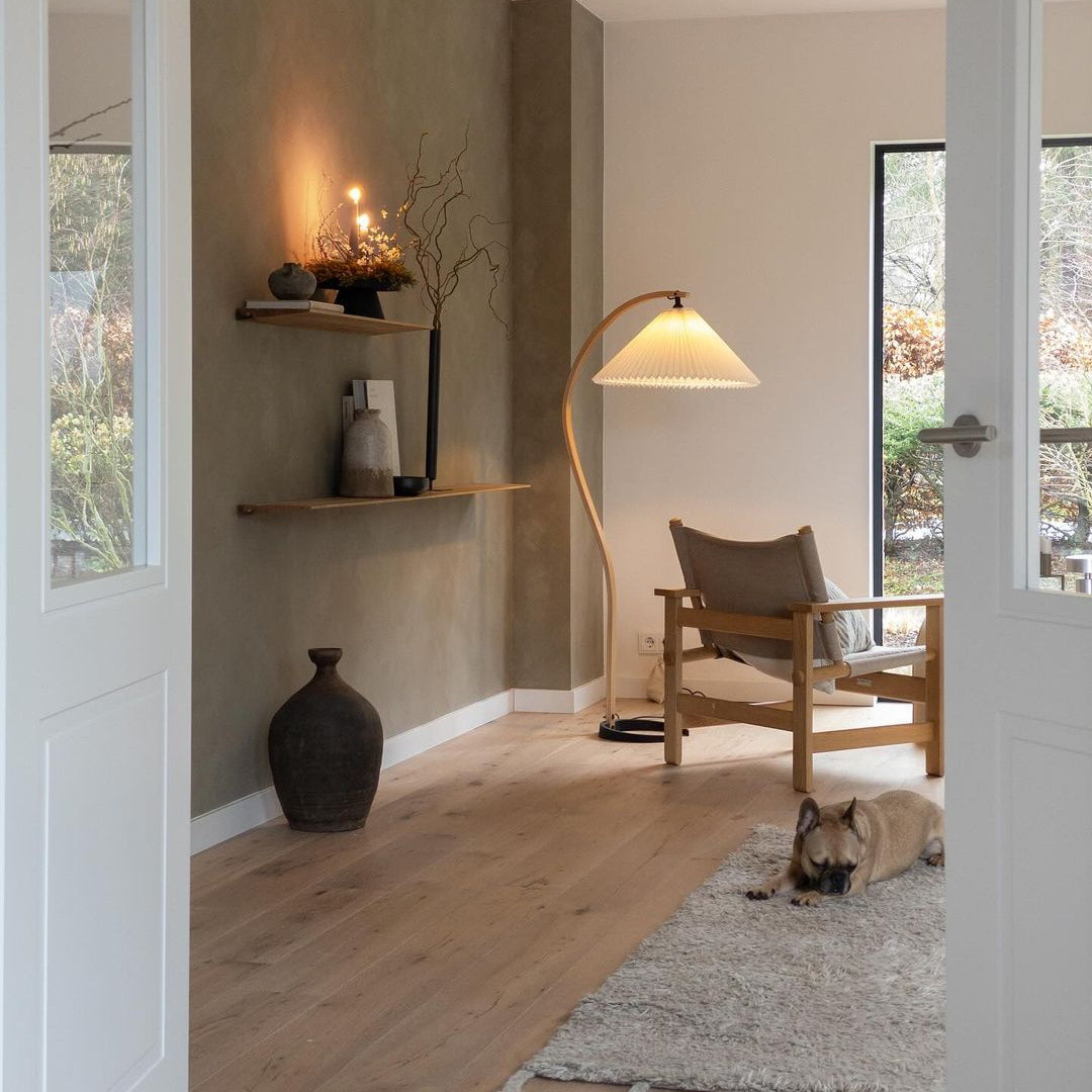 Bogen Stehlampe Holz Stoff, Skandinavische Stehleuchte E27