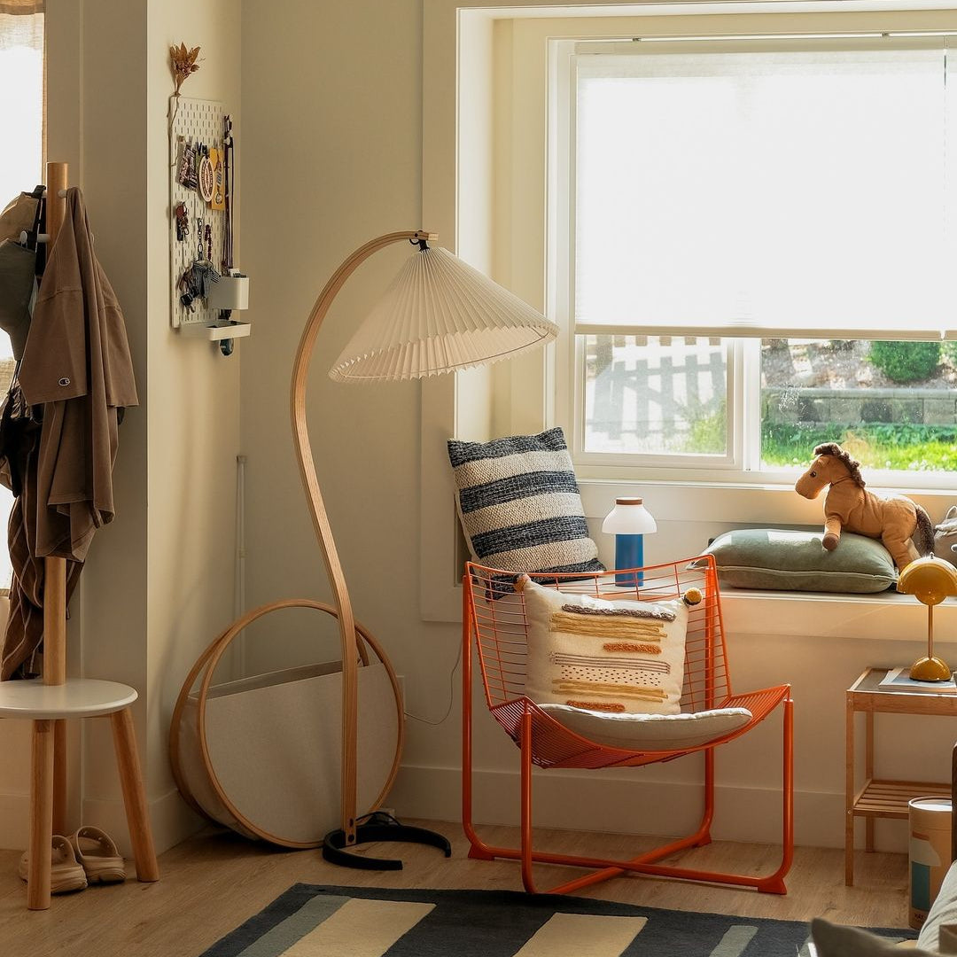 Bogen Stehlampe Holz Stoff, Skandinavische Stehleuchte E27