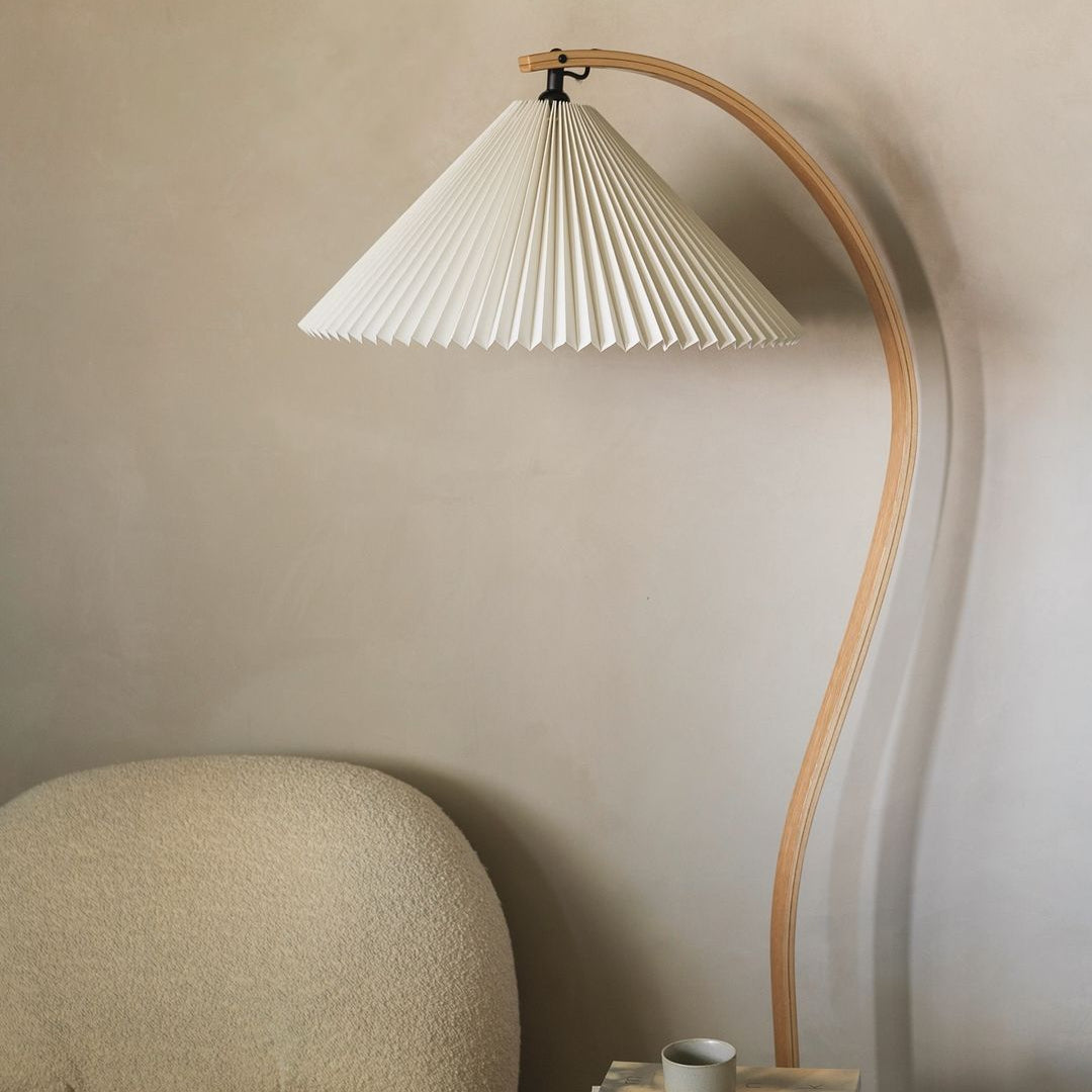 Bogen Stehlampe Holz Stoff, Skandinavische Stehleuchte E27