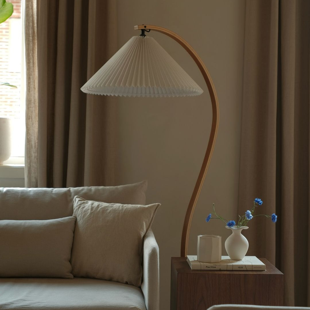 Bogen Stehlampe Holz Stoff, Skandinavische Stehleuchte E27
