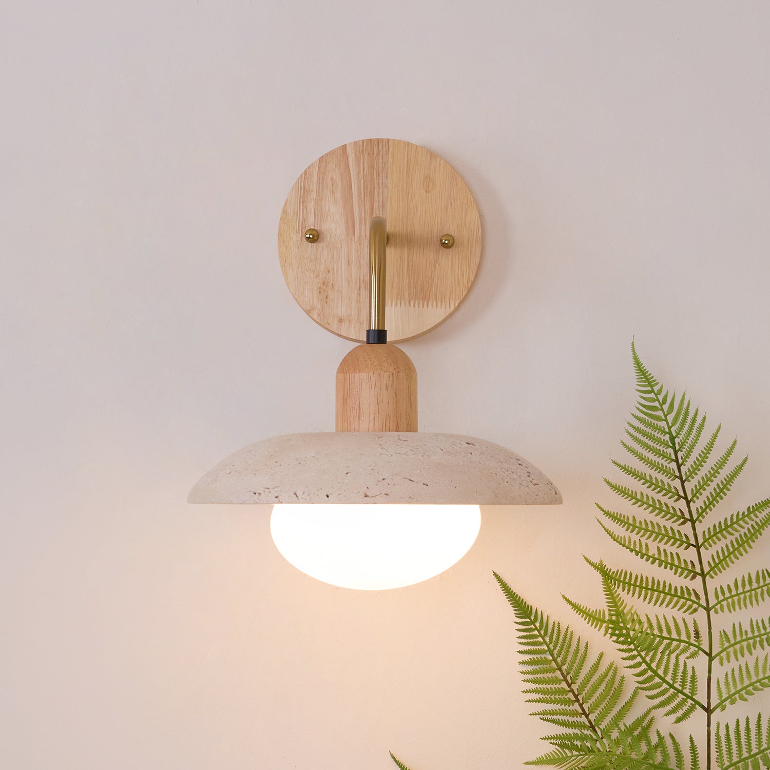 Wandleuchte Travertin Stein, Design Wandlampe Holz Messing G9