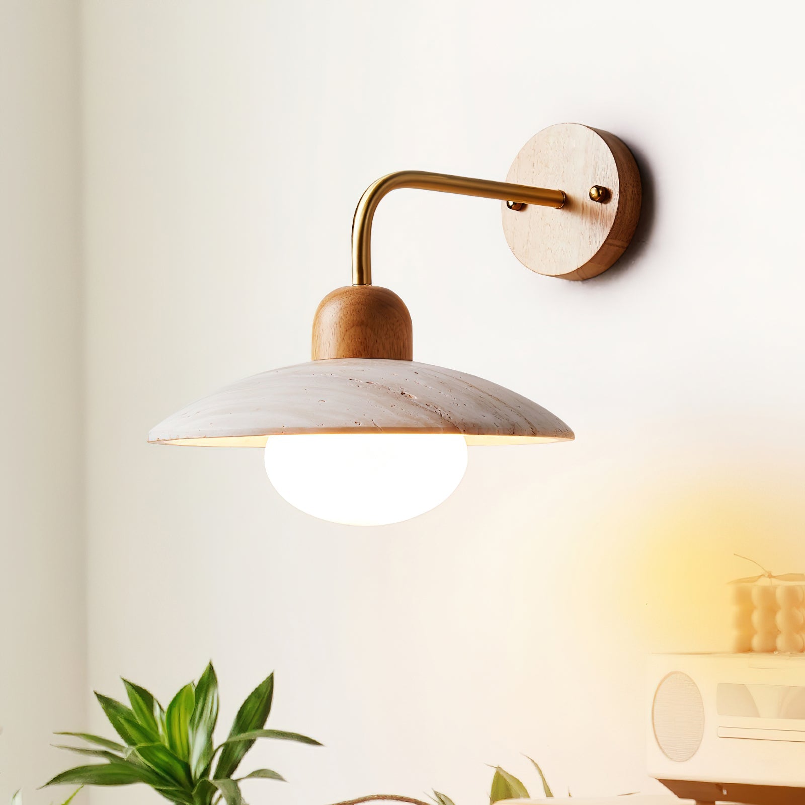 Wandleuchte Travertin Stein, Design Wandlampe Holz Messing G9