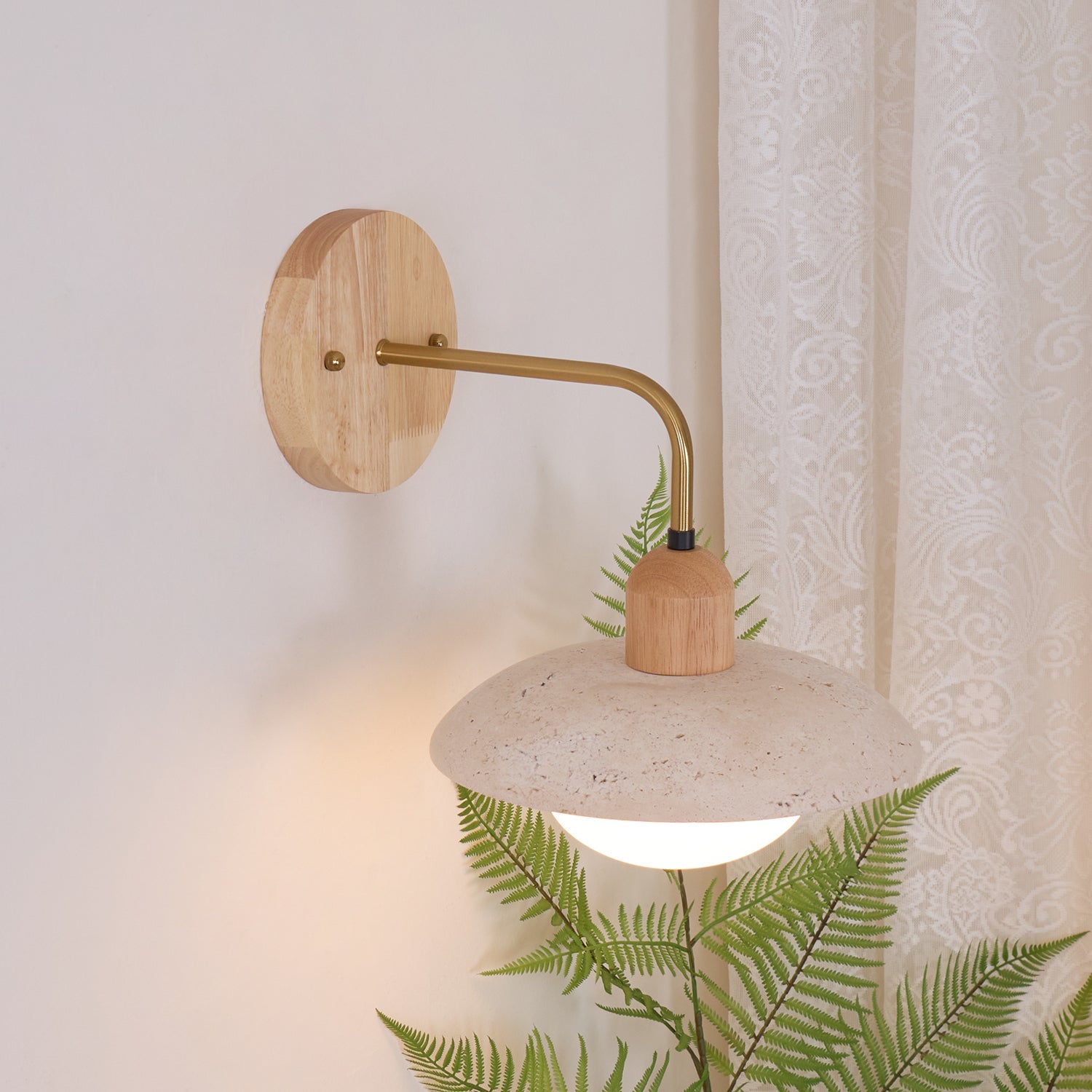 Wandleuchte Travertin Stein, Design Wandlampe Holz Messing G9