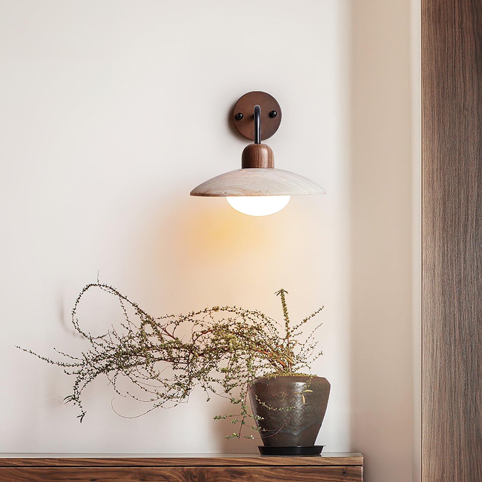 Wandleuchte Travertin Stein, Design Wandlampe Holz Messing G9
