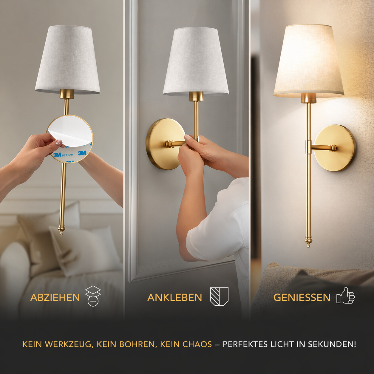 Kabellose Wandleuchte ohne Bohren, LED Wandlampe Stoffschirm 2er Set