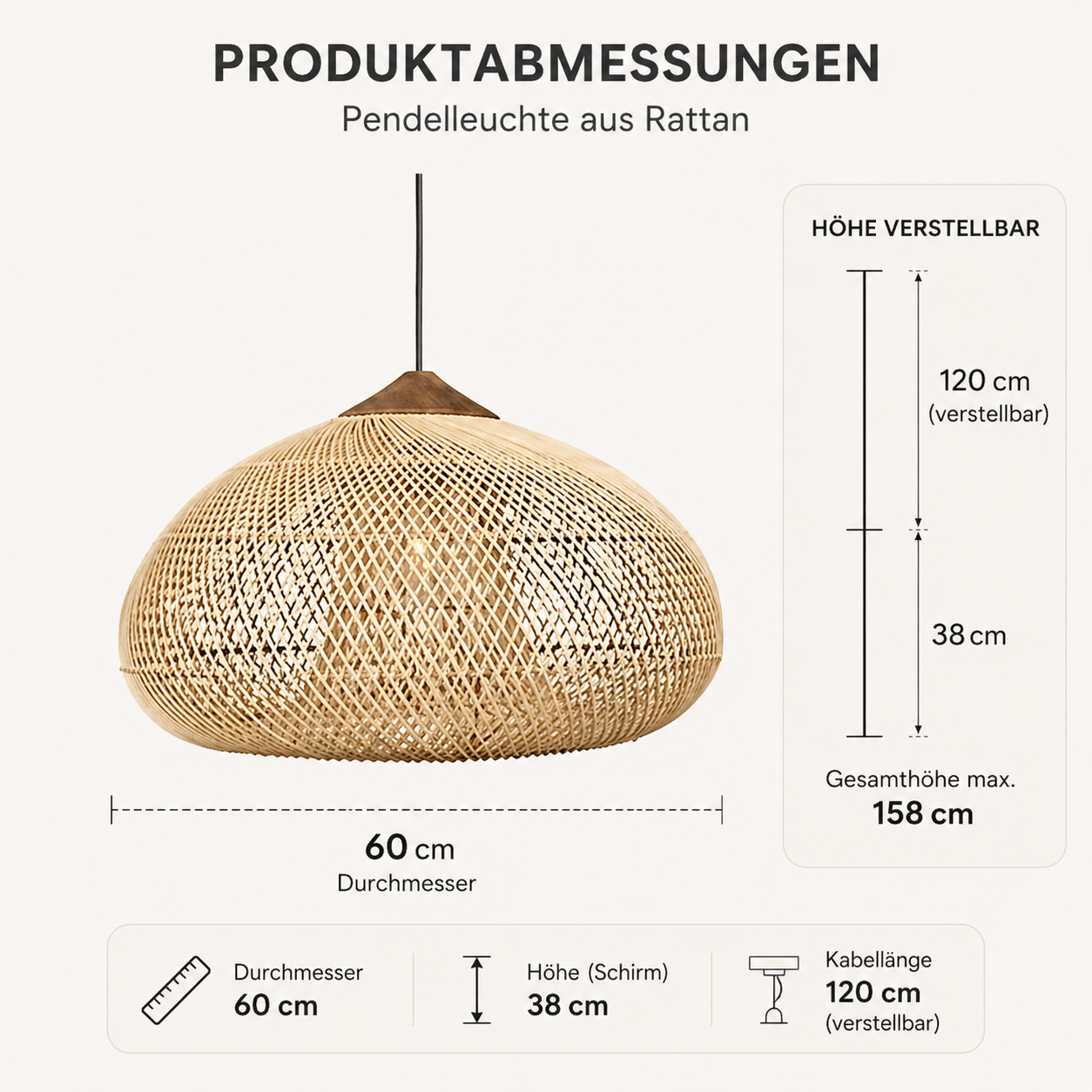 Rattan Hängelampe Natur, Boho Pendelleuchte Geflochten E27