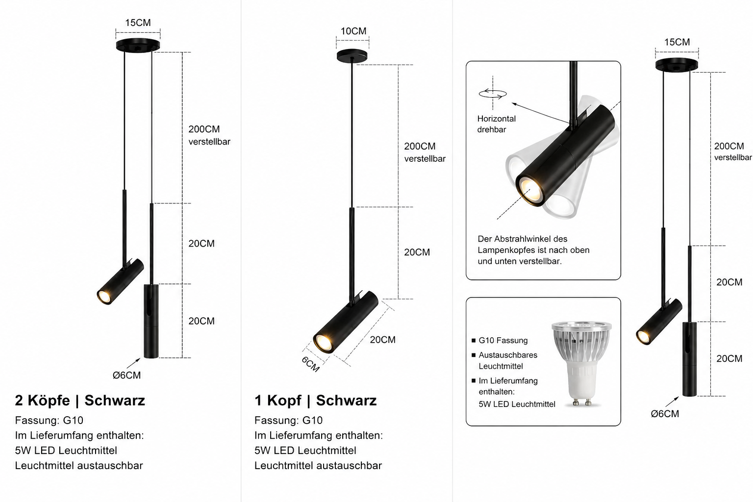 Hängelampe Schwarz Gold LED, Pendelleuchte Nachttisch 1/2er Set Dimmbar