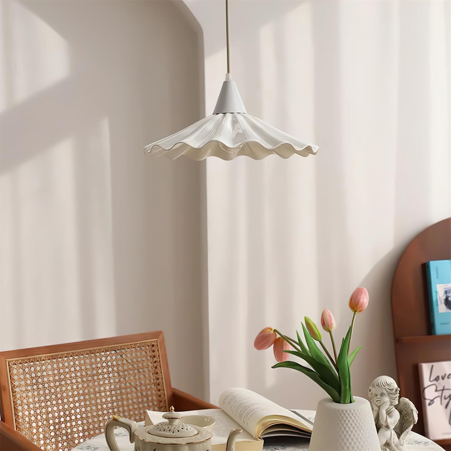 Bone China Pendelleuchte Weiß, Wellenförmiges Design, Dimmbar Höhenverstellbar