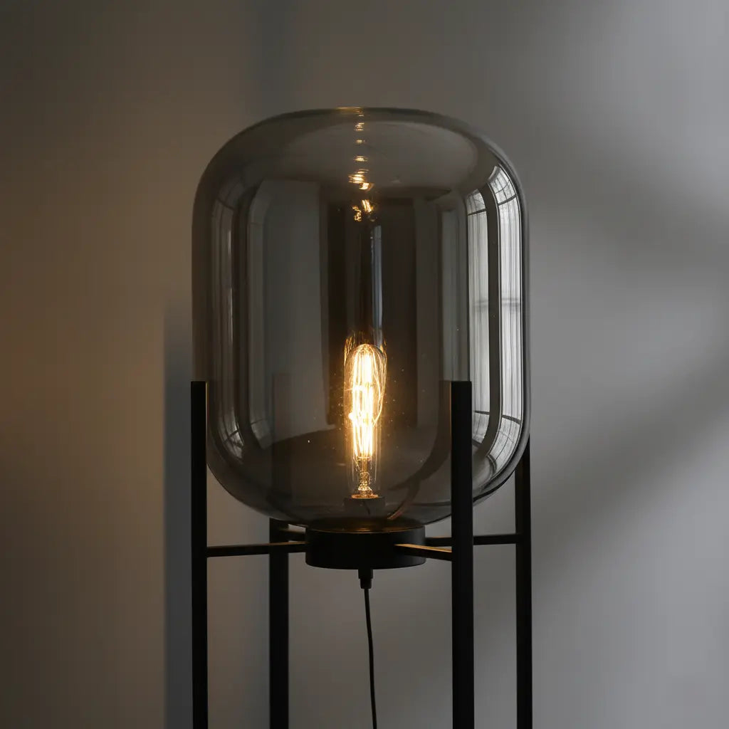 Stehlampe Glas Schwarz, Design Stehleuchte E27 Amber/Smoke 100/140 cm