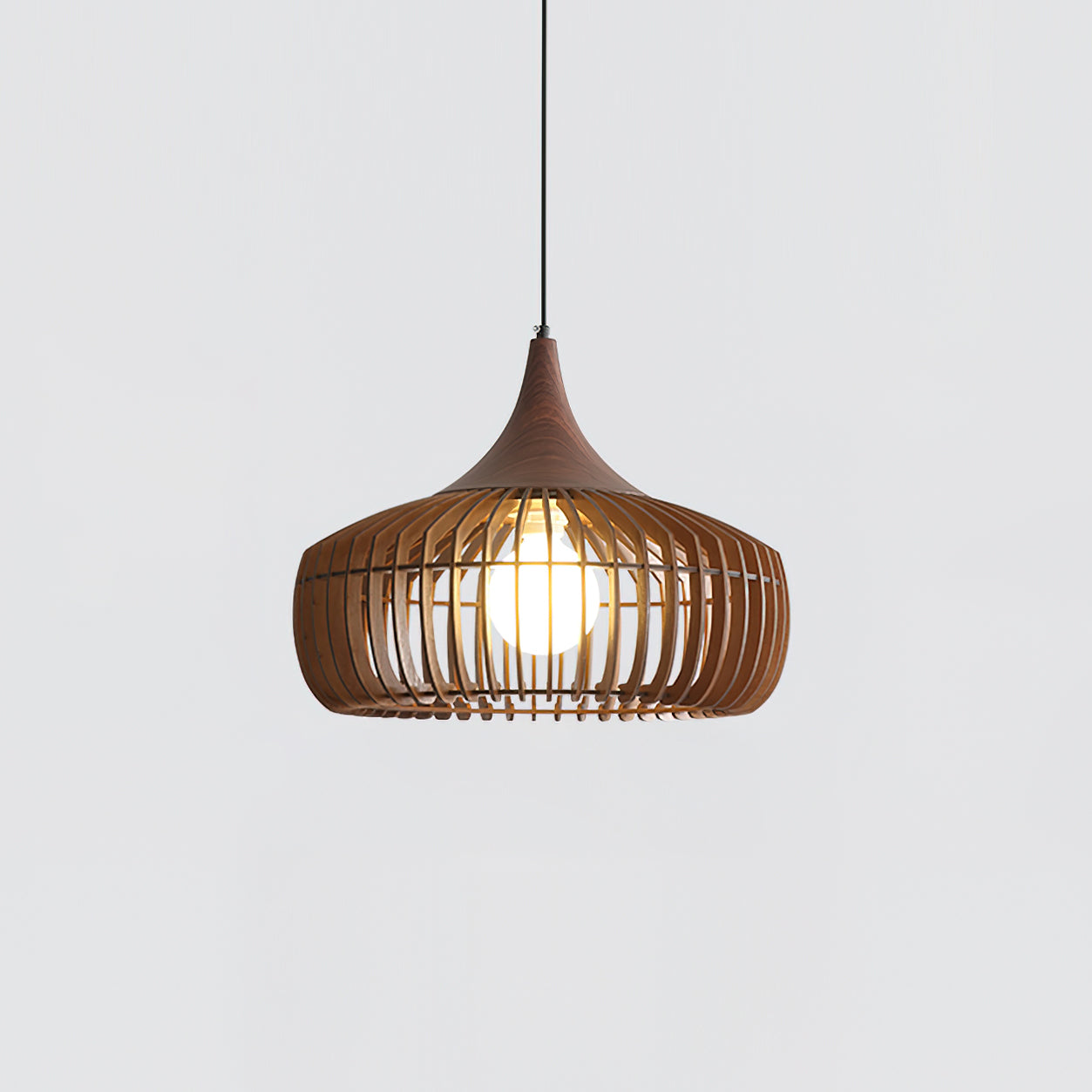 Holz Pendelleuchte Walnuss, Rundes Vintage Design, Dimmbar E27