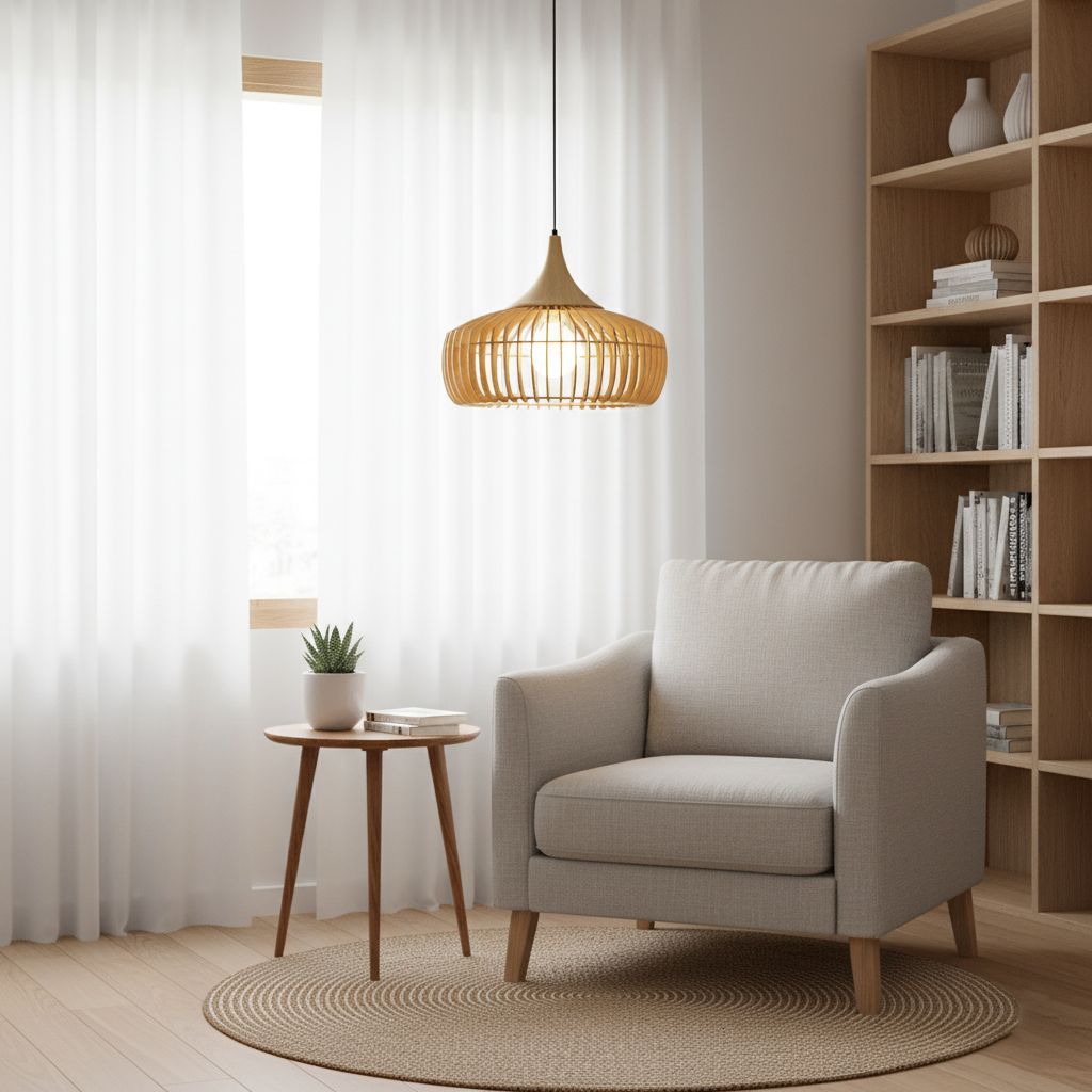 Holz Pendelleuchte Walnuss, Rundes Vintage Design, Dimmbar E27
