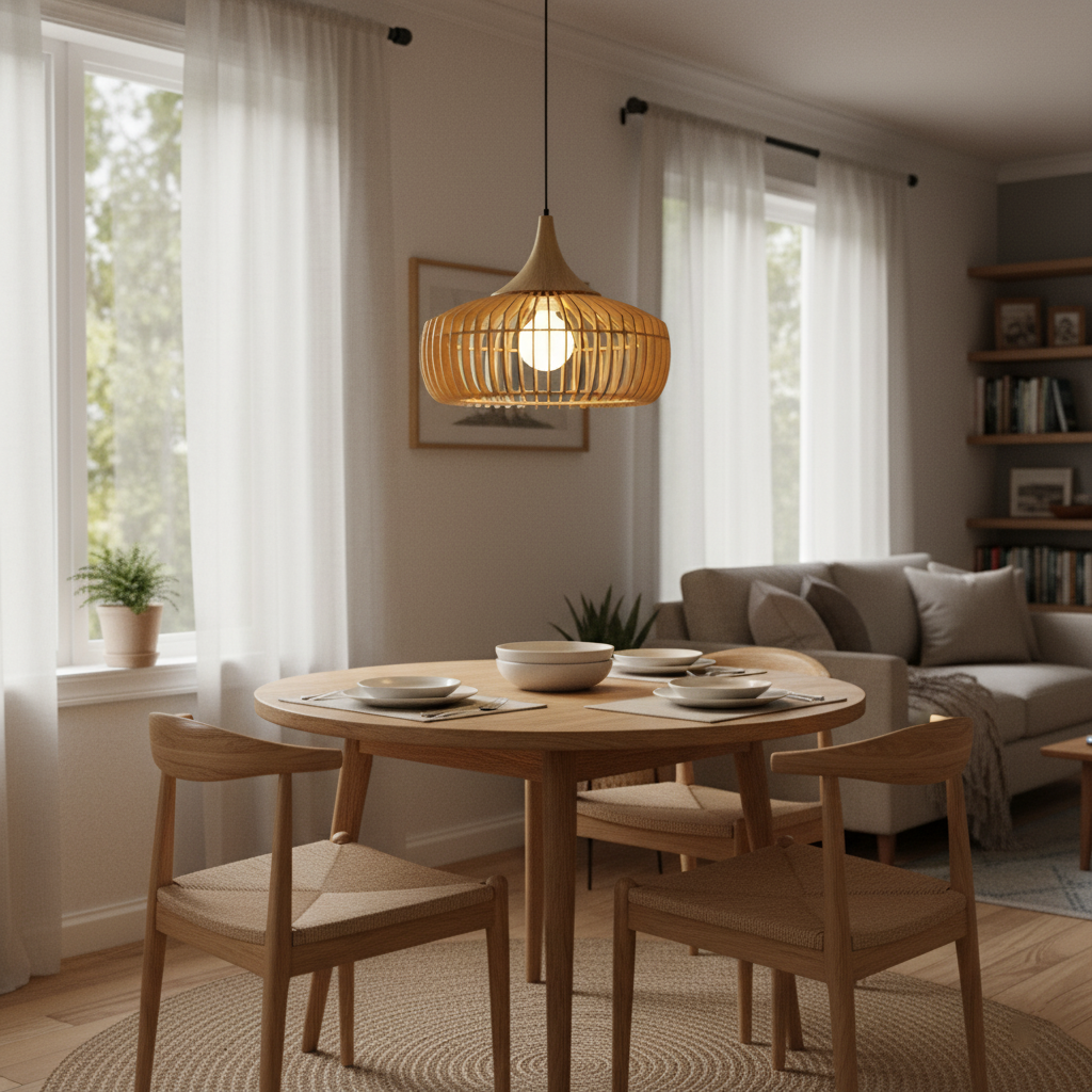 Holz Pendelleuchte Walnuss, Rundes Vintage Design, Dimmbar E27