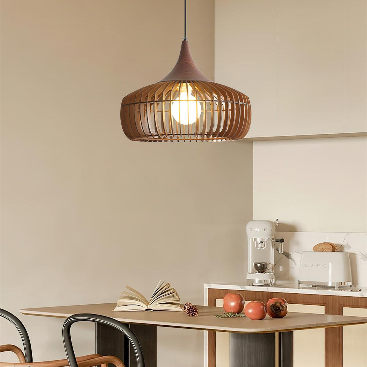 Holz Pendelleuchte Walnuss, Rundes Vintage Design, Dimmbar E27