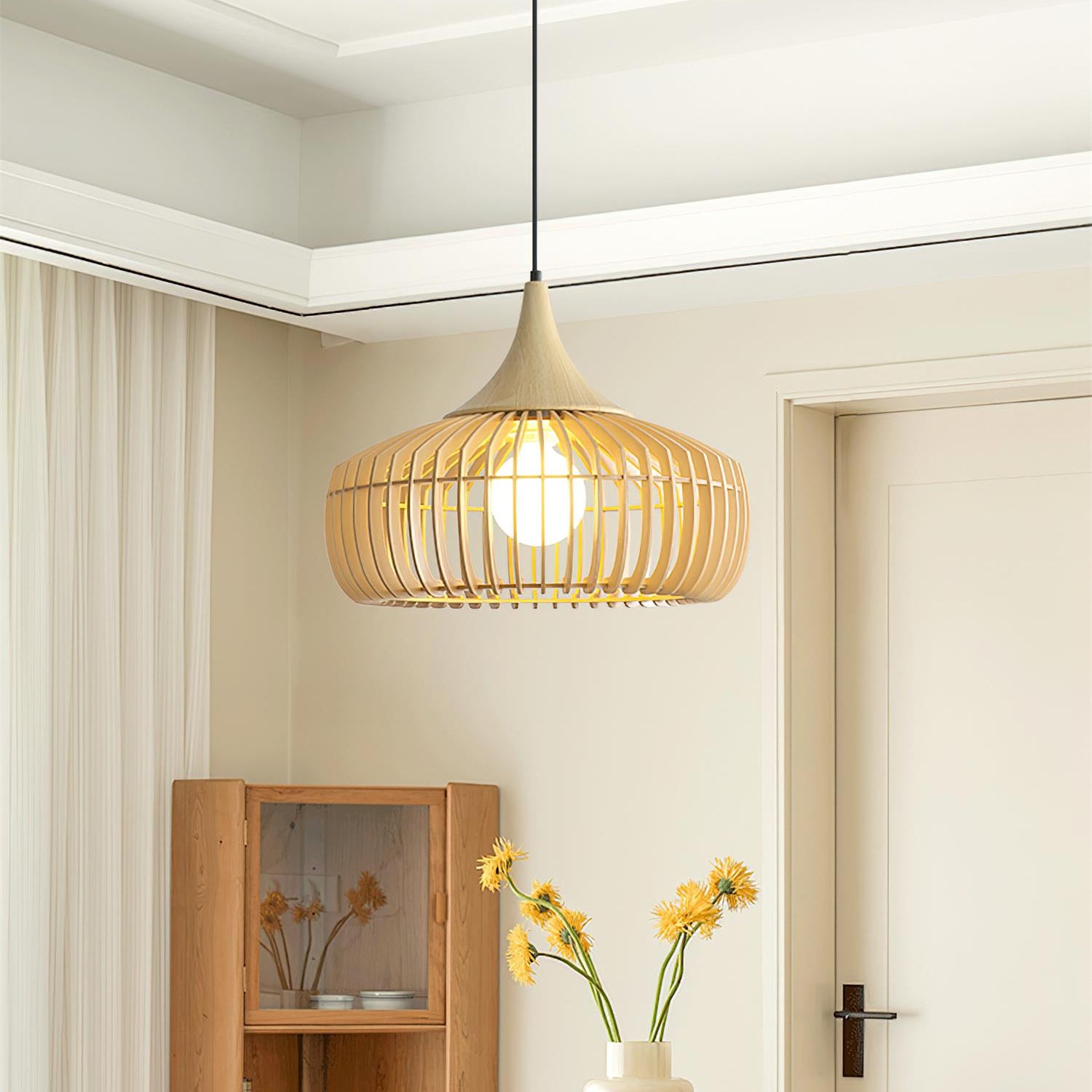 Holz Pendelleuchte Walnuss, Rundes Vintage Design, Dimmbar E27