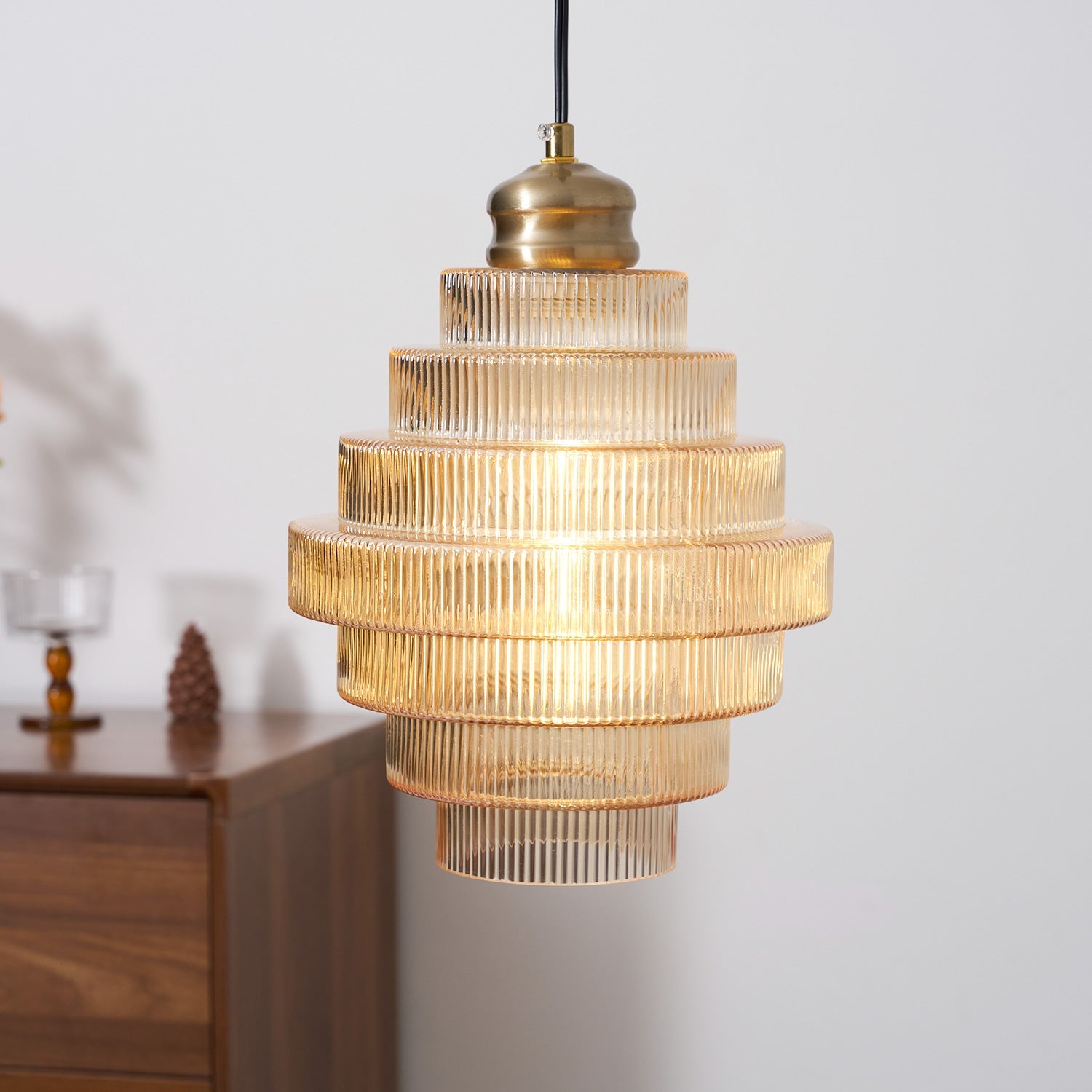 Pendelleuchte Glas Geriffelt, Messing Vintage Mid Century Design