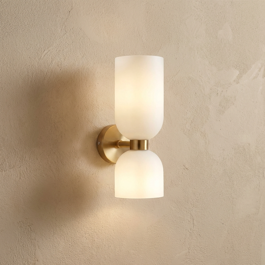 Wandleuchte Glas Kugel Doppel, Messing Vintage Design Warmweiß