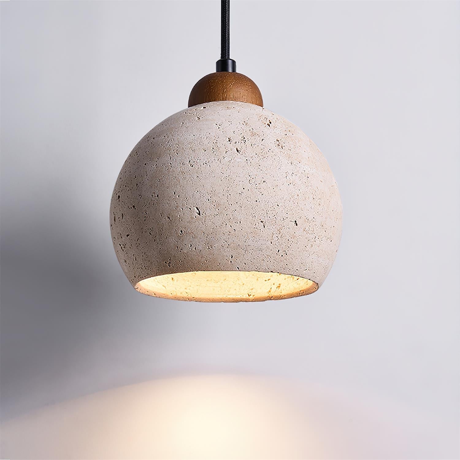 Travertin Pendelleuchte Rund Ø20 cm, Naturstein mit Holz Dimmbar