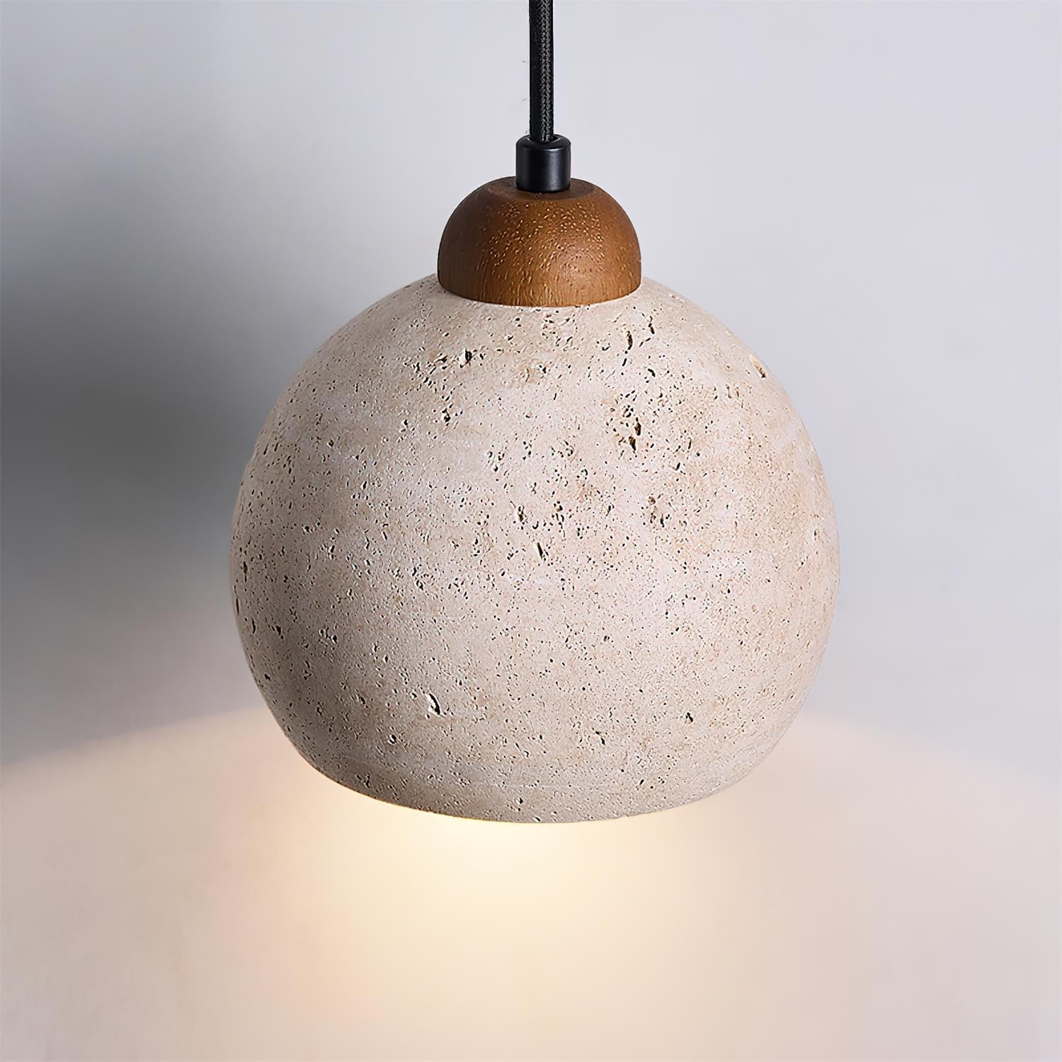 Travertin Pendelleuchte Rund Ø20 cm, Naturstein mit Holz Dimmbar