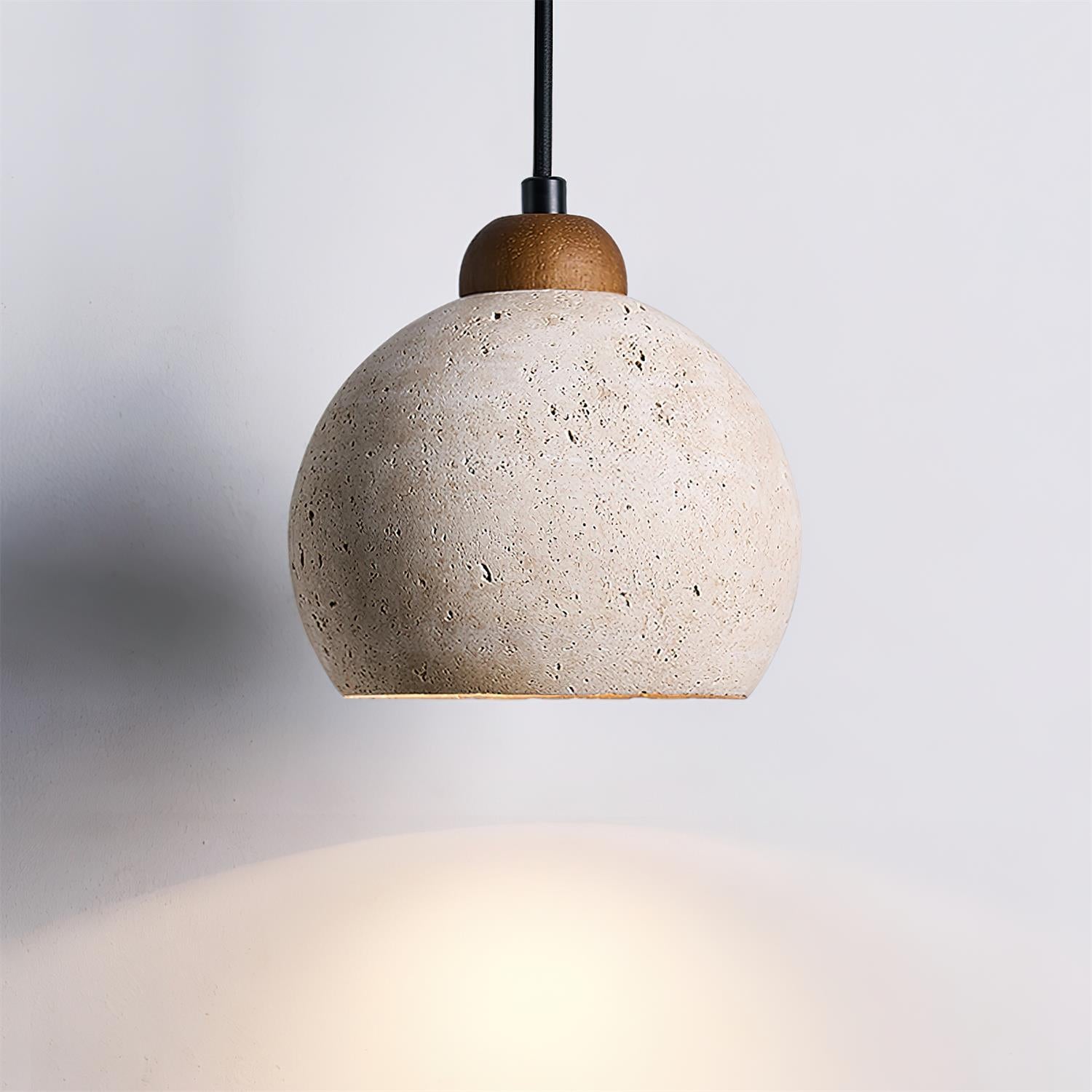 Travertin Pendelleuchte Rund Ø20 cm, Naturstein mit Holz Dimmbar