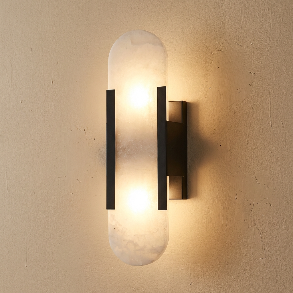 Alabaster Wandleuchte Messing, Handgefertigtes Design Warmweiß