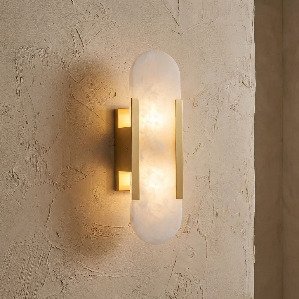 Alabaster Wandleuchte Messing, Handgefertigtes Design Warmweiß