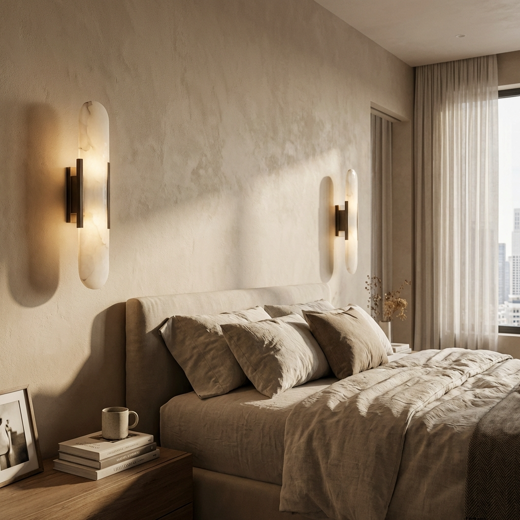 Alabaster Wandleuchte Messing, Handgefertigtes Design Warmweiß