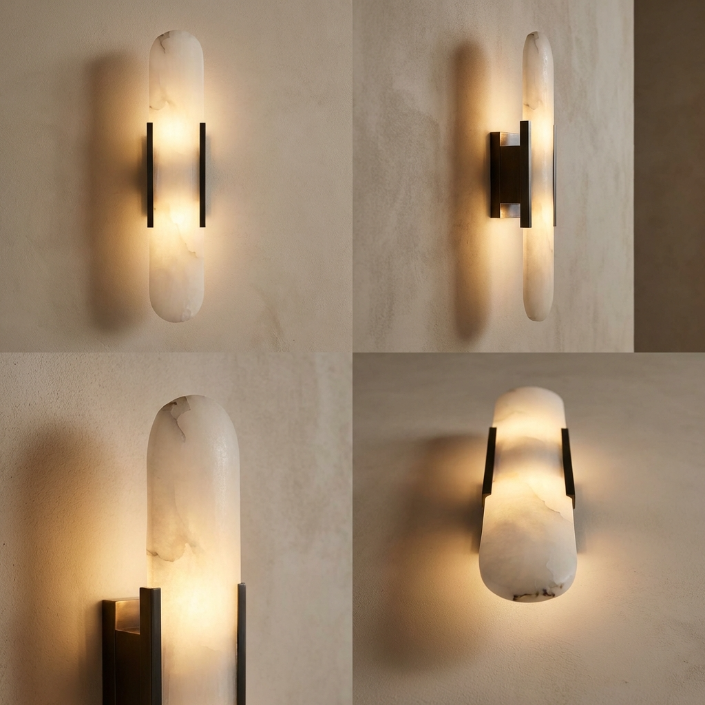 Alabaster Wandleuchte Messing, Handgefertigtes Design Warmweiß