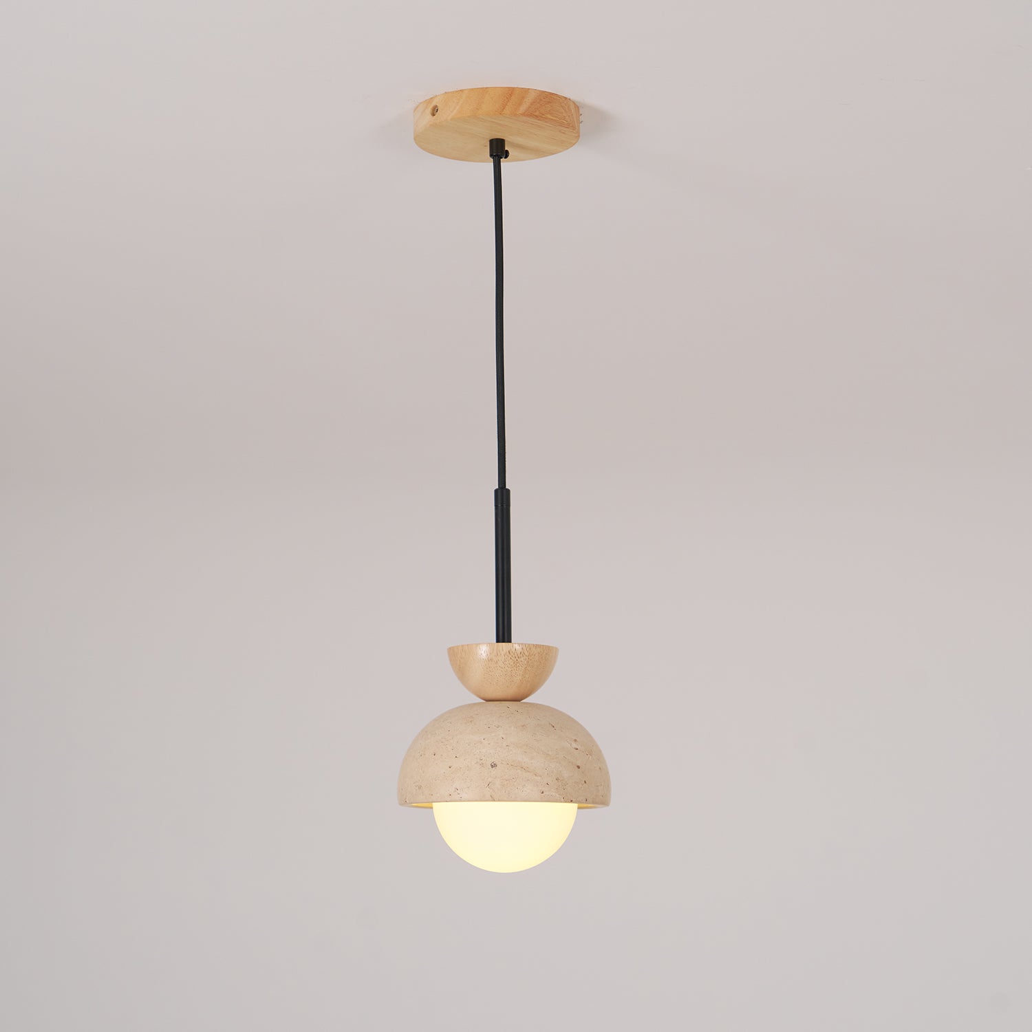 Travertin Pendelleuchte Massivholz Glas, Kugel Design Dimmbar Warmweiß