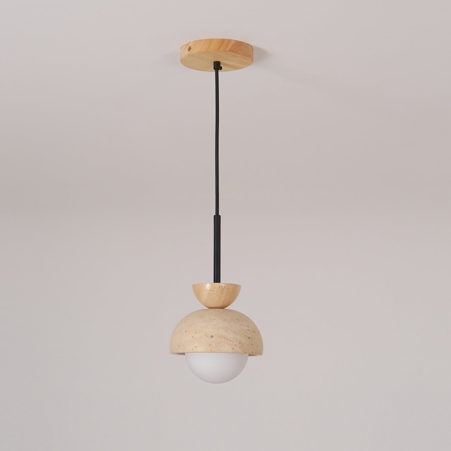 Travertin Pendelleuchte Massivholz Glas, Kugel Design Dimmbar Warmweiß