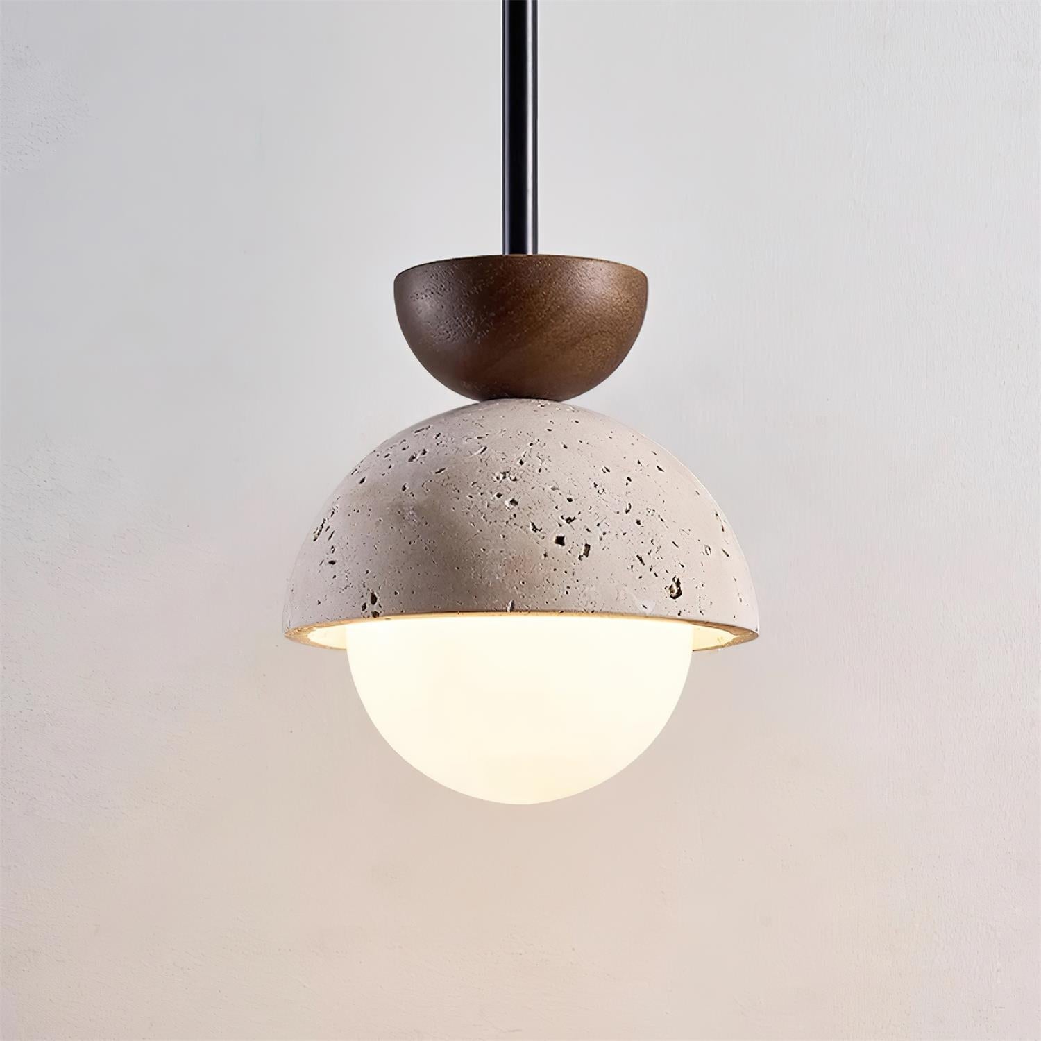 Travertin Pendelleuchte Massivholz Glas, Kugel Design Dimmbar Warmweiß