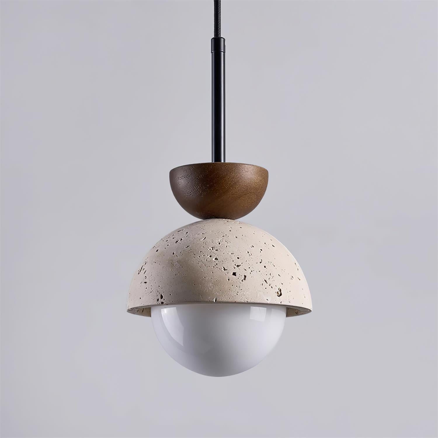 Travertin Pendelleuchte Massivholz Glas, Kugel Design Dimmbar Warmweiß