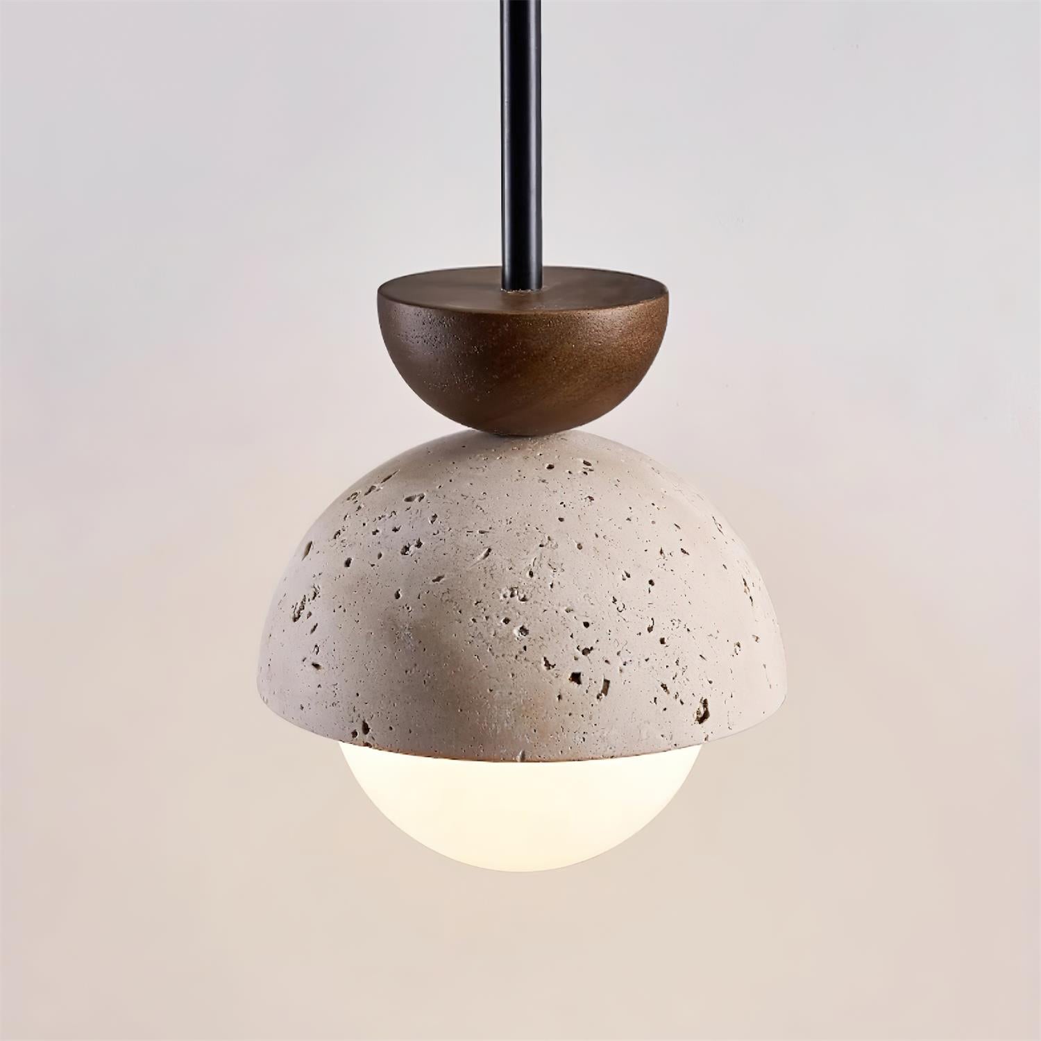 Travertin Pendelleuchte Massivholz Glas, Kugel Design Dimmbar Warmweiß