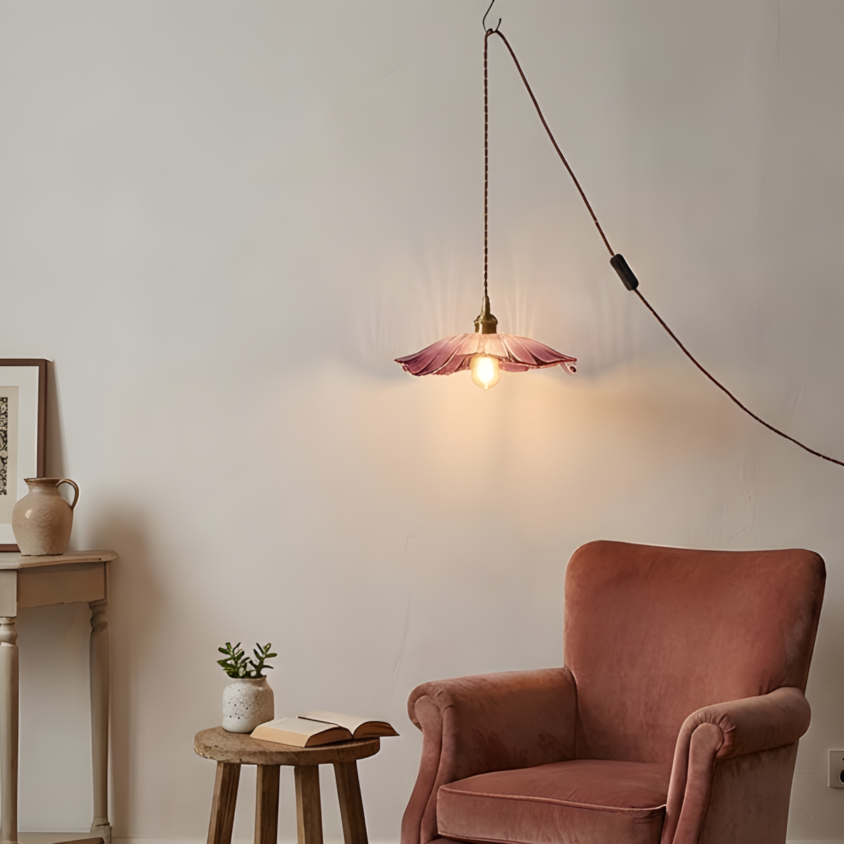 Pendelleuchte Glas Blumenform, Kupfer Design Dimmbar mit Stecker