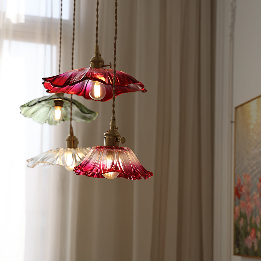 Pendelleuchte Glas Blumenform, Kupfer Design Dimmbar mit Stecker