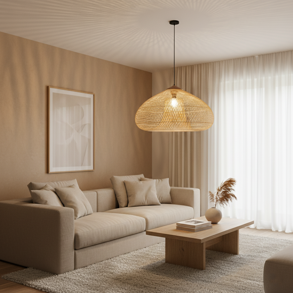 Rattan Hängelampe Natur, Boho Pendelleuchte Geflochten E27