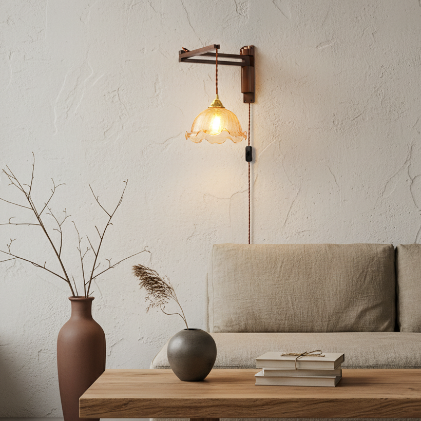 Vintage Wandlampe Plug In, Glas Messing Design Dimmbar