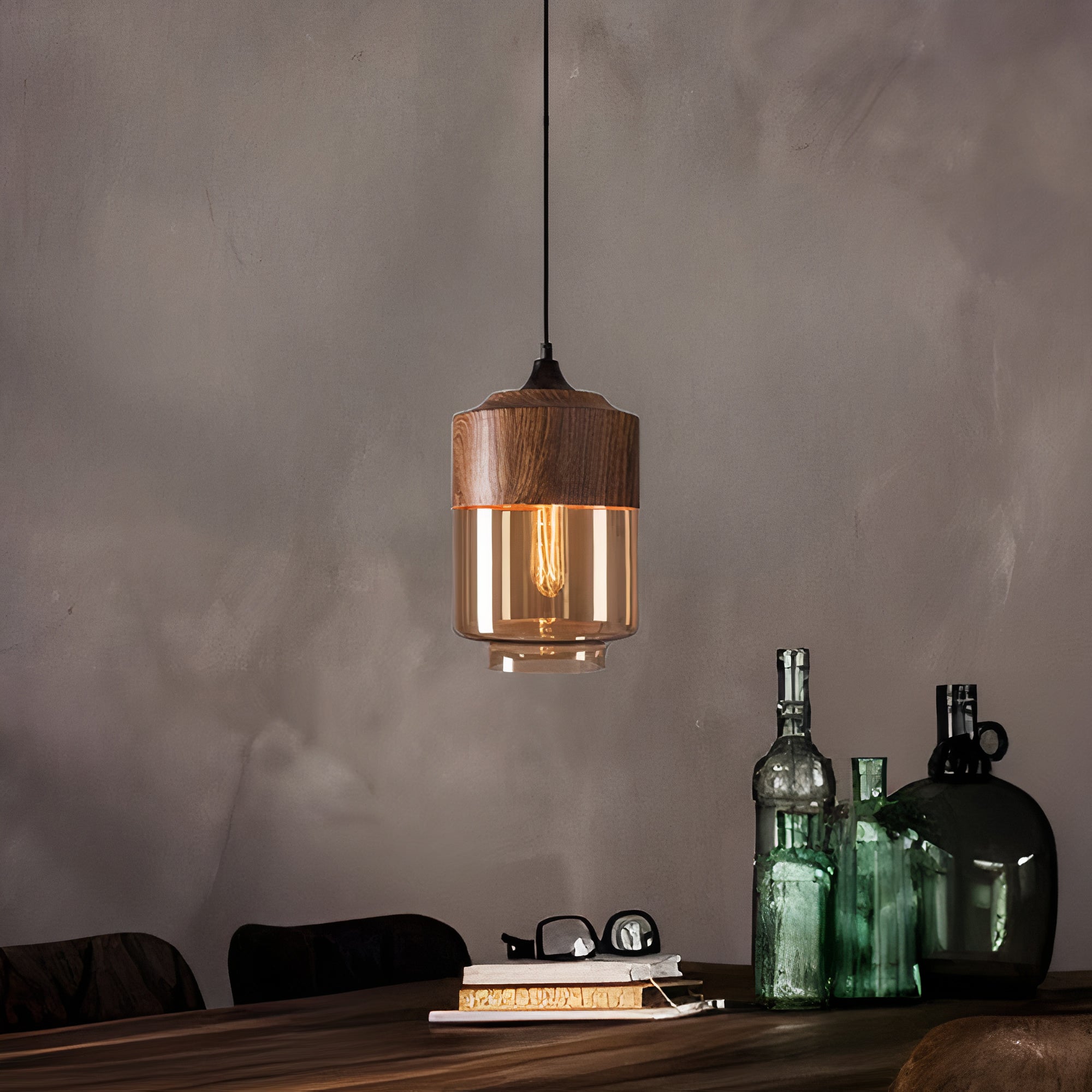 Holz Pendelleuchte Glas farbig, Moderne Hängelampe