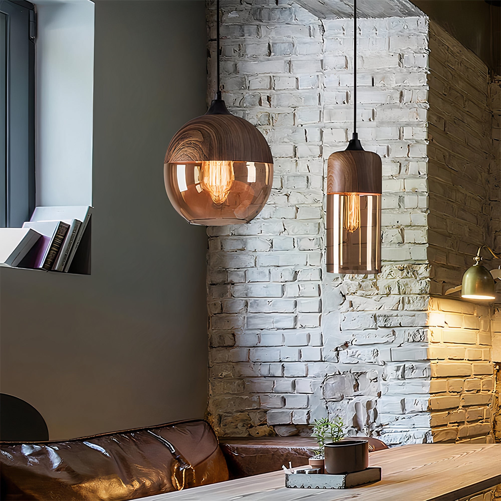 Holz Pendelleuchte Glas farbig, Moderne Hängelampe
