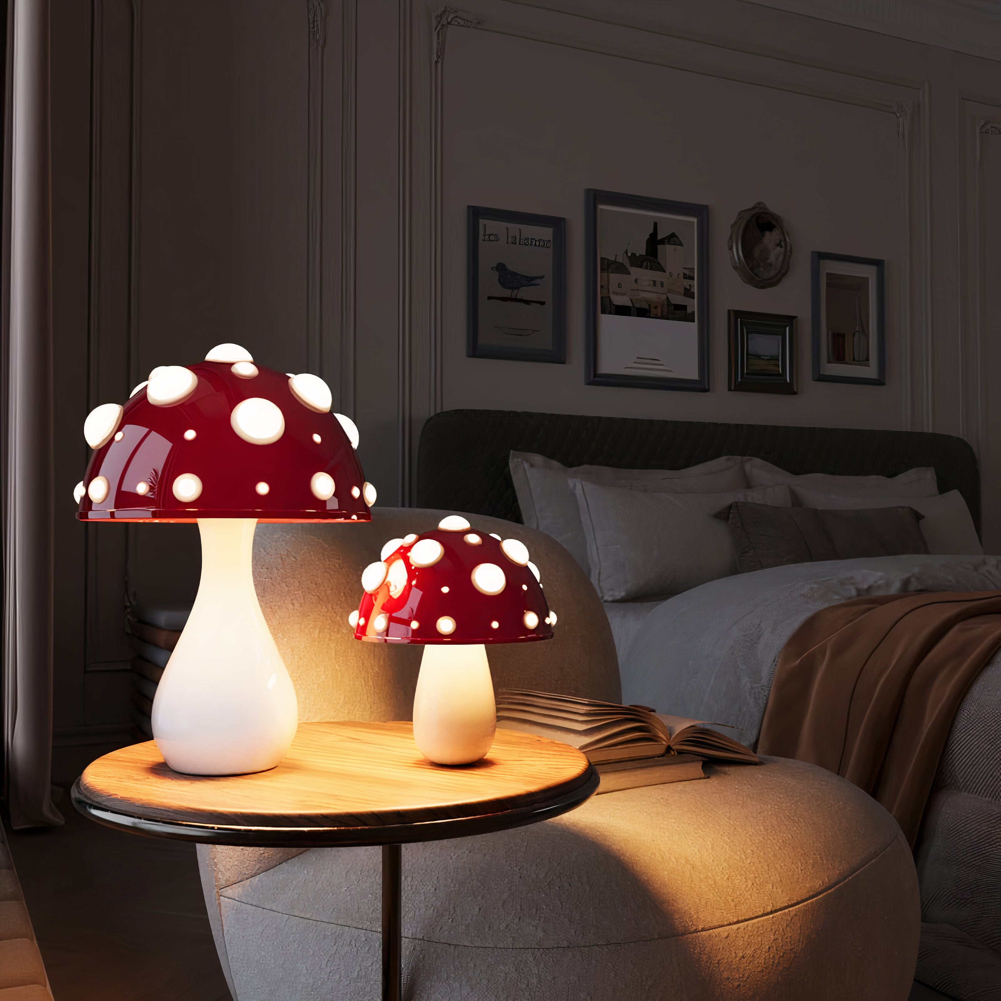 Pilz Tischlampe LED dimmbar, Kabellose Tischleuchte modern