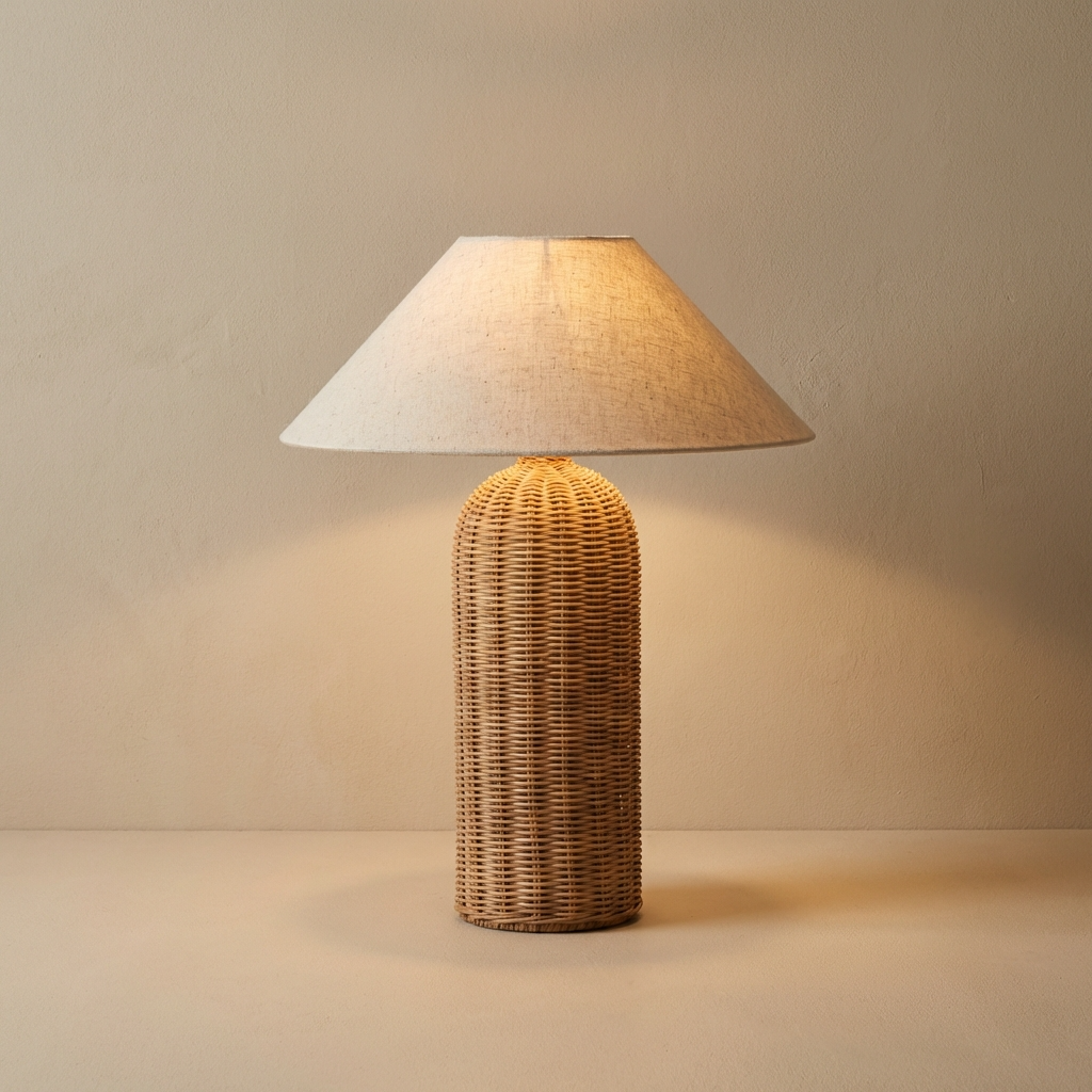 Rattan Tischlampe Handgefertigt, Wabi Sabi Design mit Stoffschirm E27
