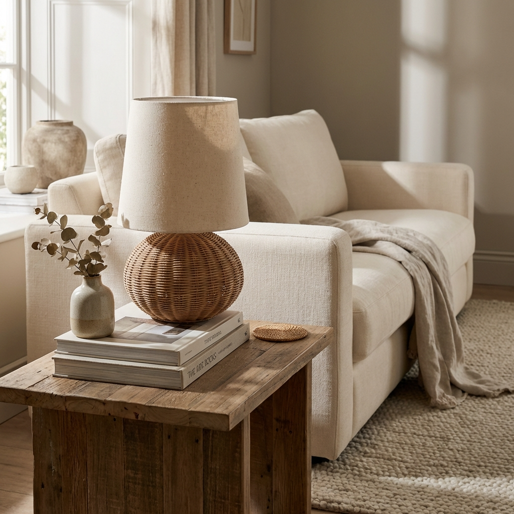 Rattan Tischlampe Handgefertigt, Wabi Sabi Design mit Stoffschirm E27