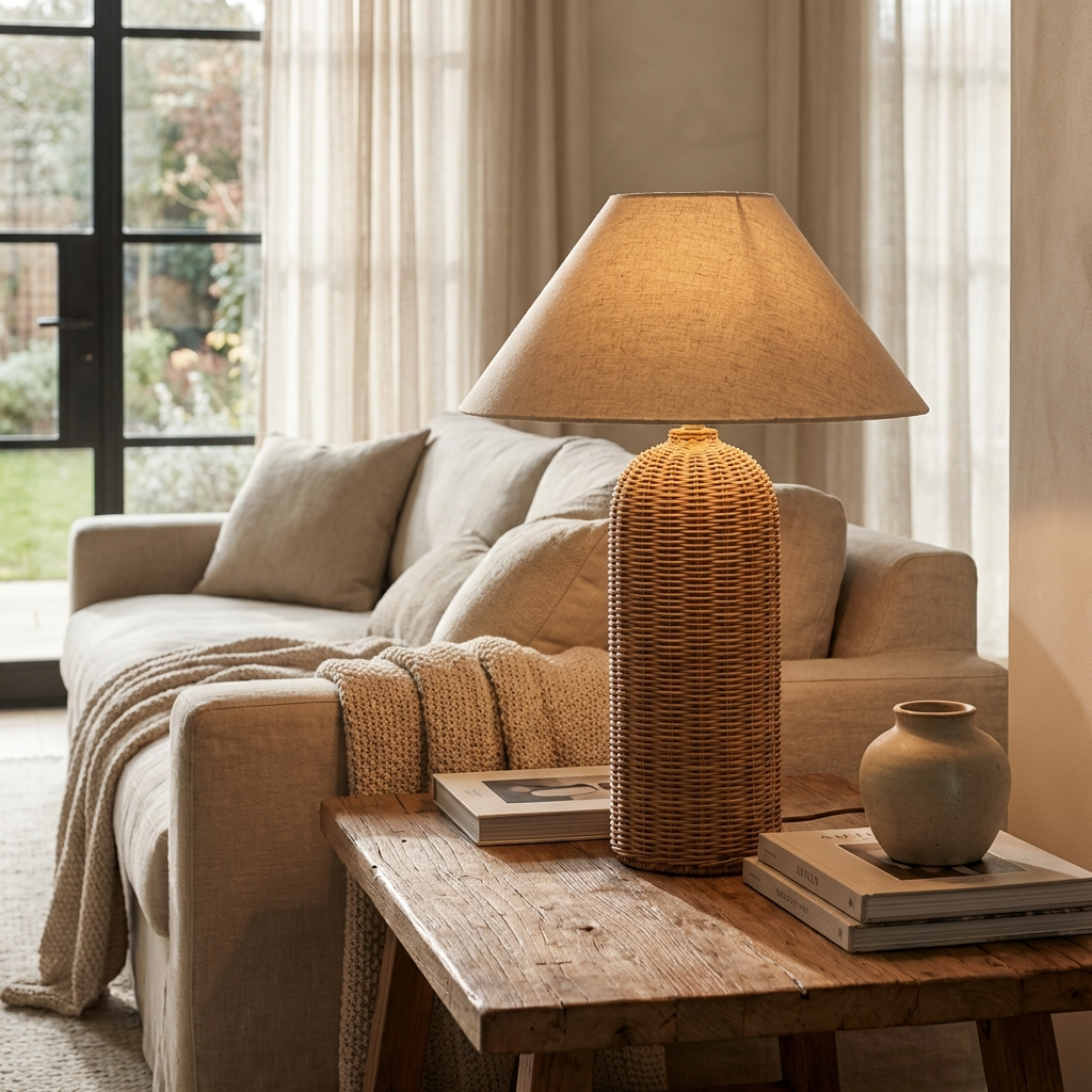 Rattan Tischlampe Handgefertigt, Wabi Sabi Design mit Stoffschirm E27