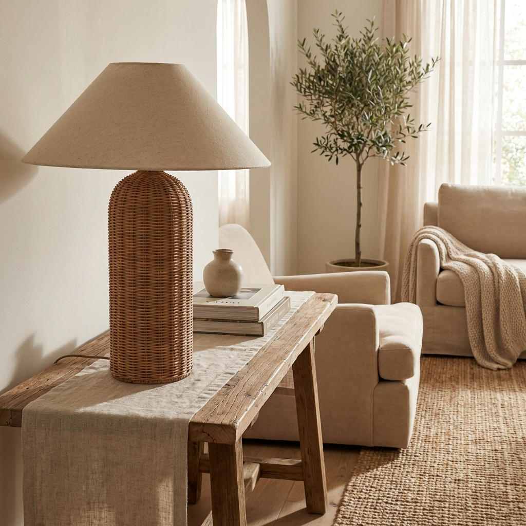 Rattan Tischlampe Handgefertigt, Wabi Sabi Design mit Stoffschirm E27