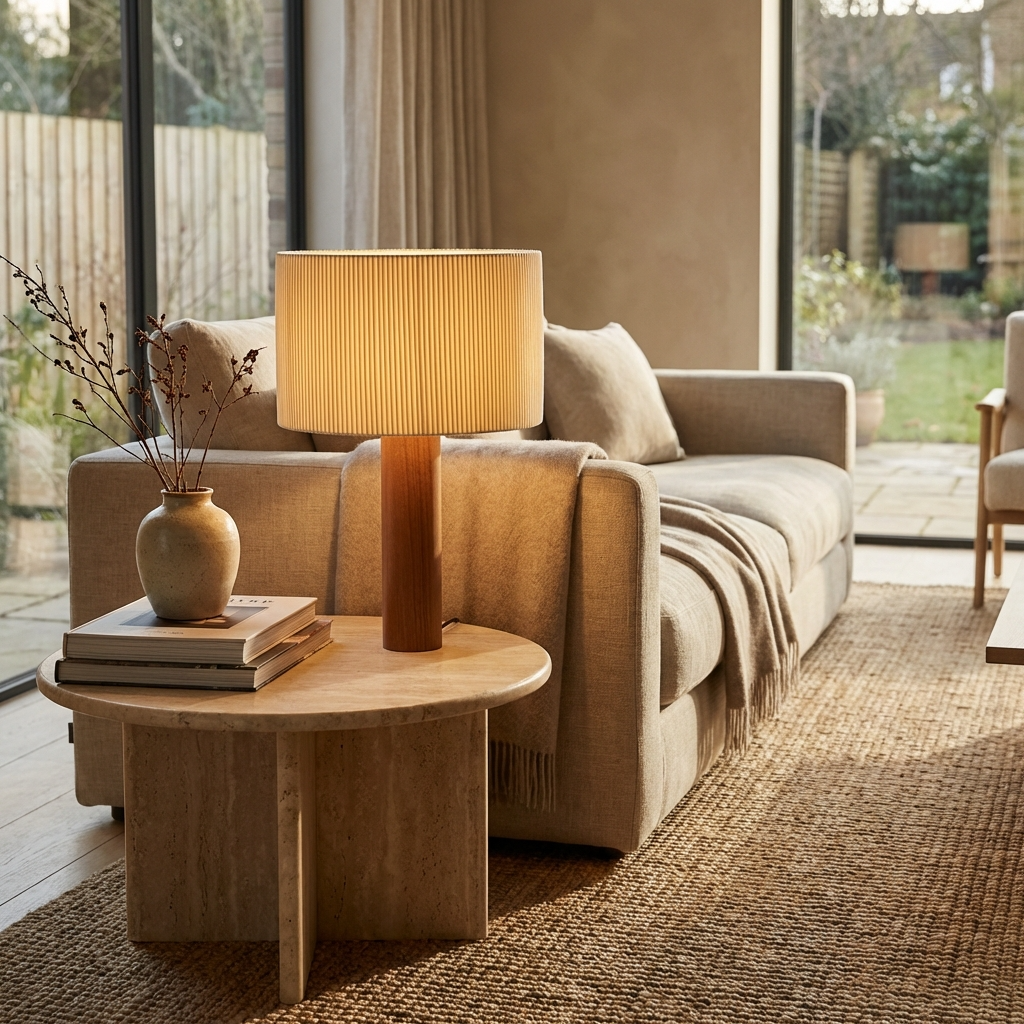 Wabi Sabi Tischlampe Massivholz, Japandi Design Stoffschirm Warmweiß