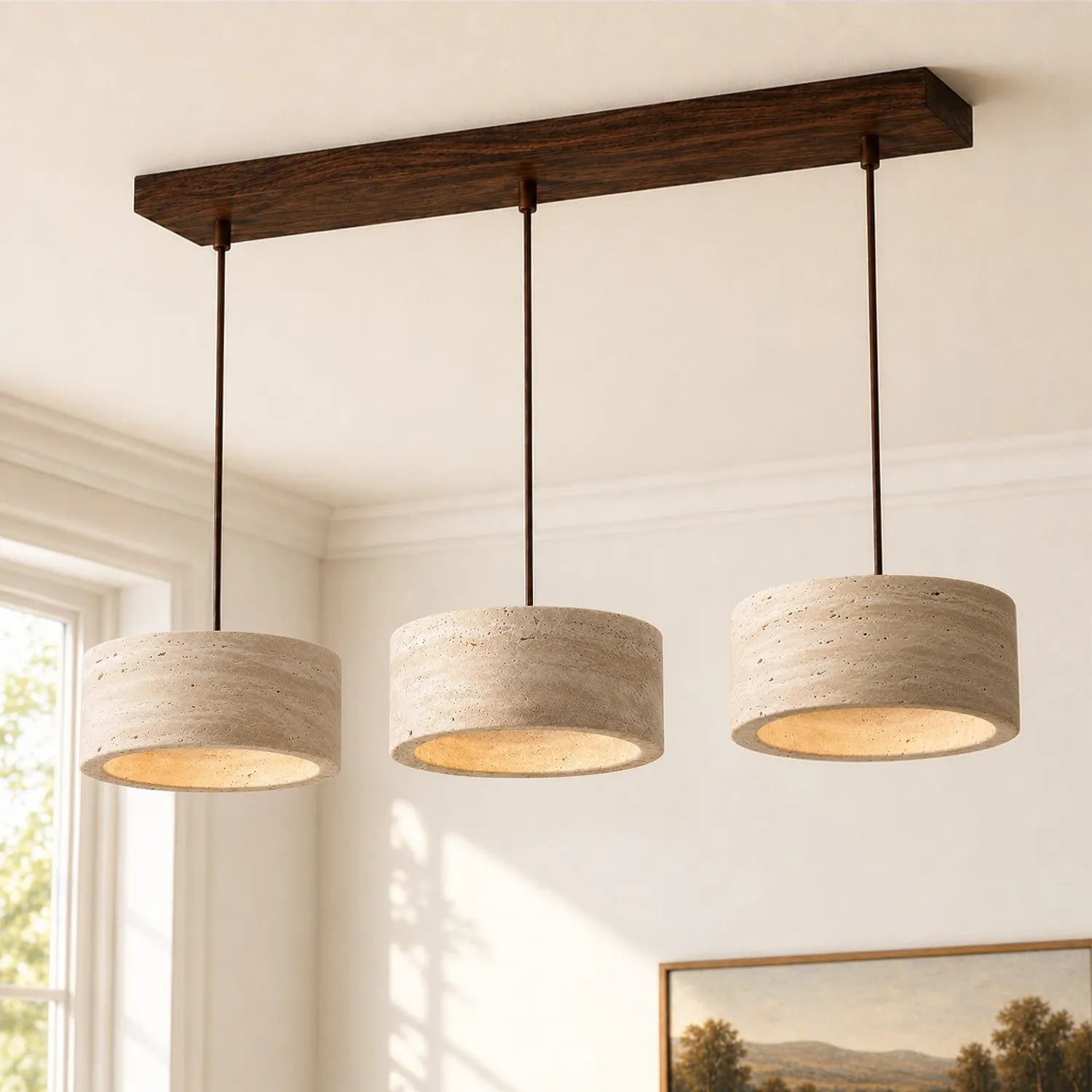 Travertin Pendelleuchte Naturstein, Wabi Sabi Design Höhenverstellbar