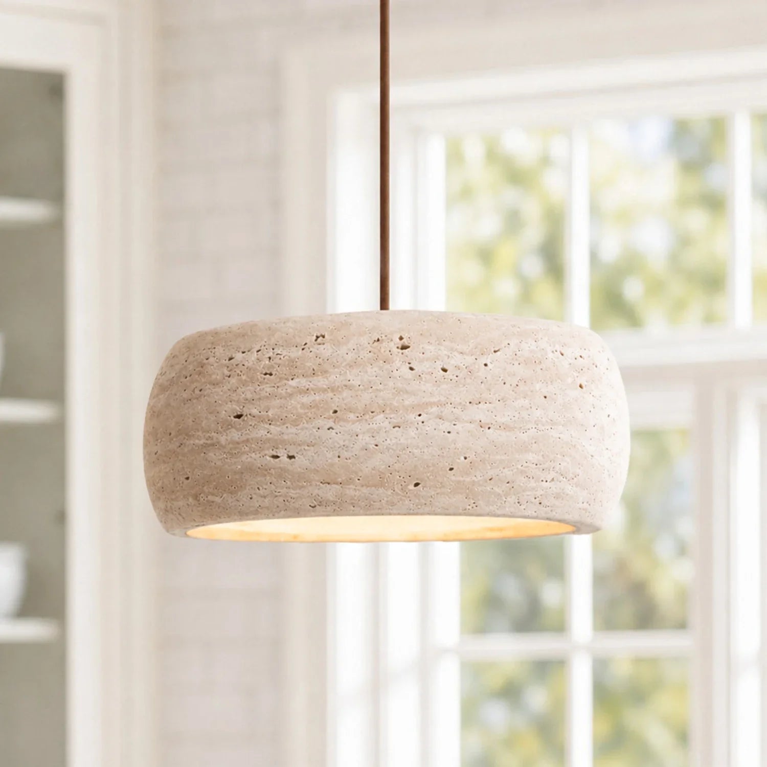 Travertin Pendelleuchte Naturstein, Wabi Sabi Design Höhenverstellbar