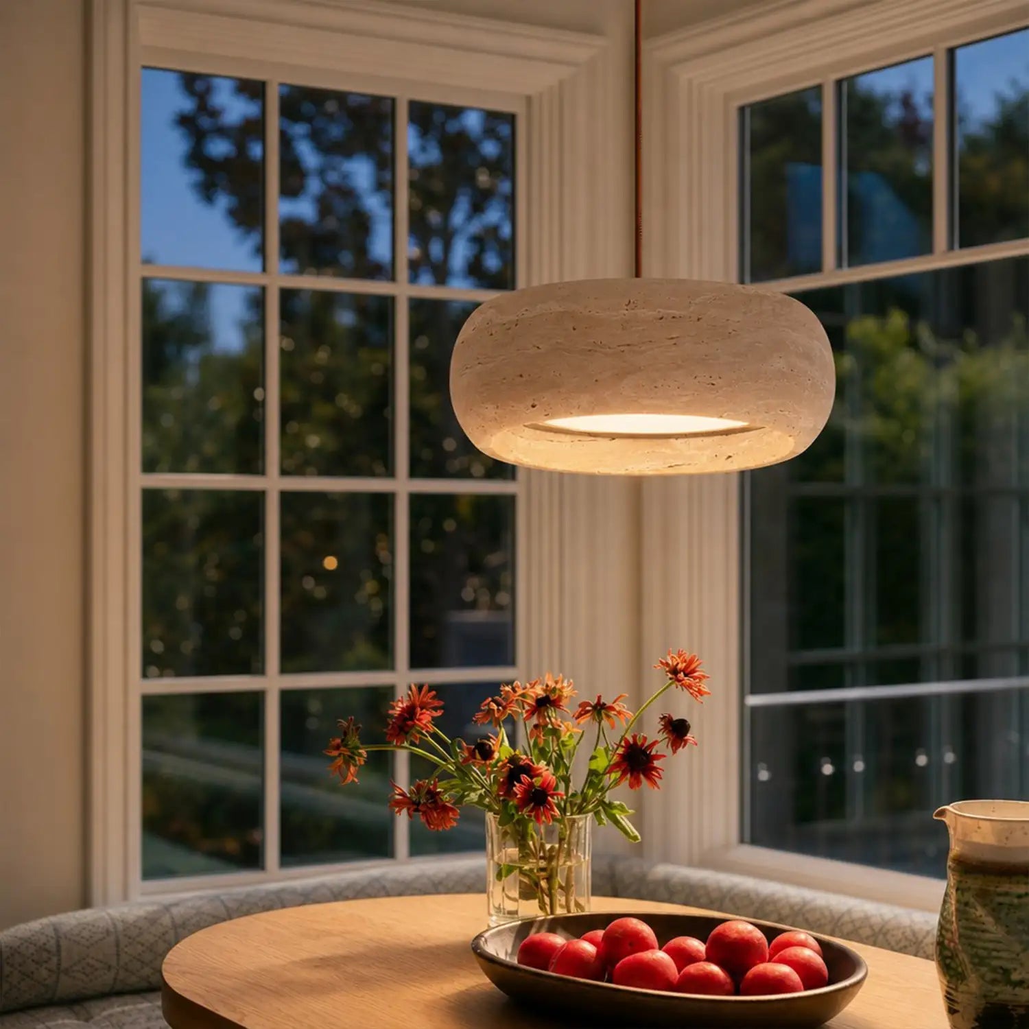 Travertin Pendelleuchte Naturstein, Wabi Sabi Design Höhenverstellbar