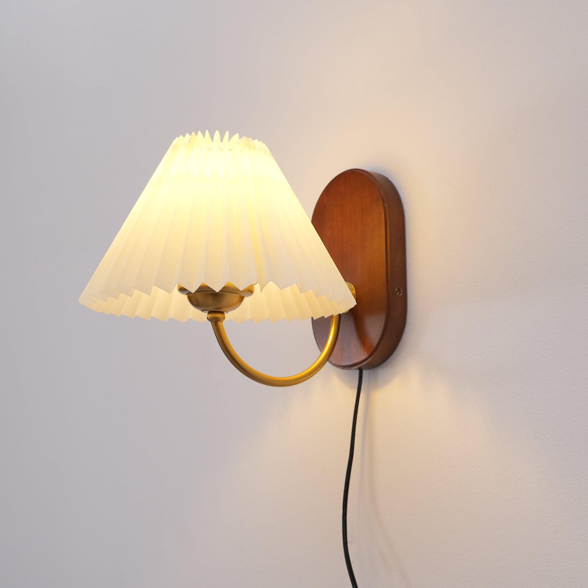 Wandleuchte Stoff Plissee Eschenholz, Vintage Dimmbar Plug In E27