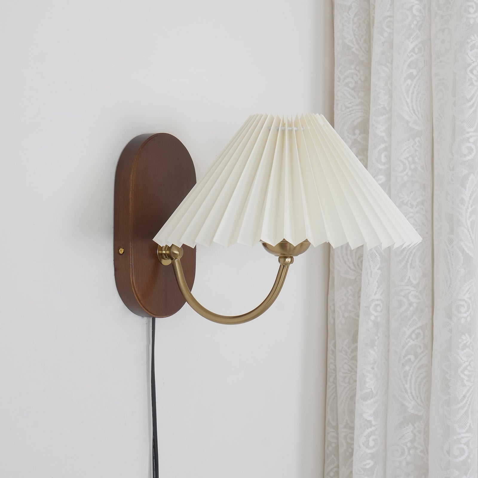Wandleuchte Stoff Plissee Eschenholz, Vintage Dimmbar Plug In E27