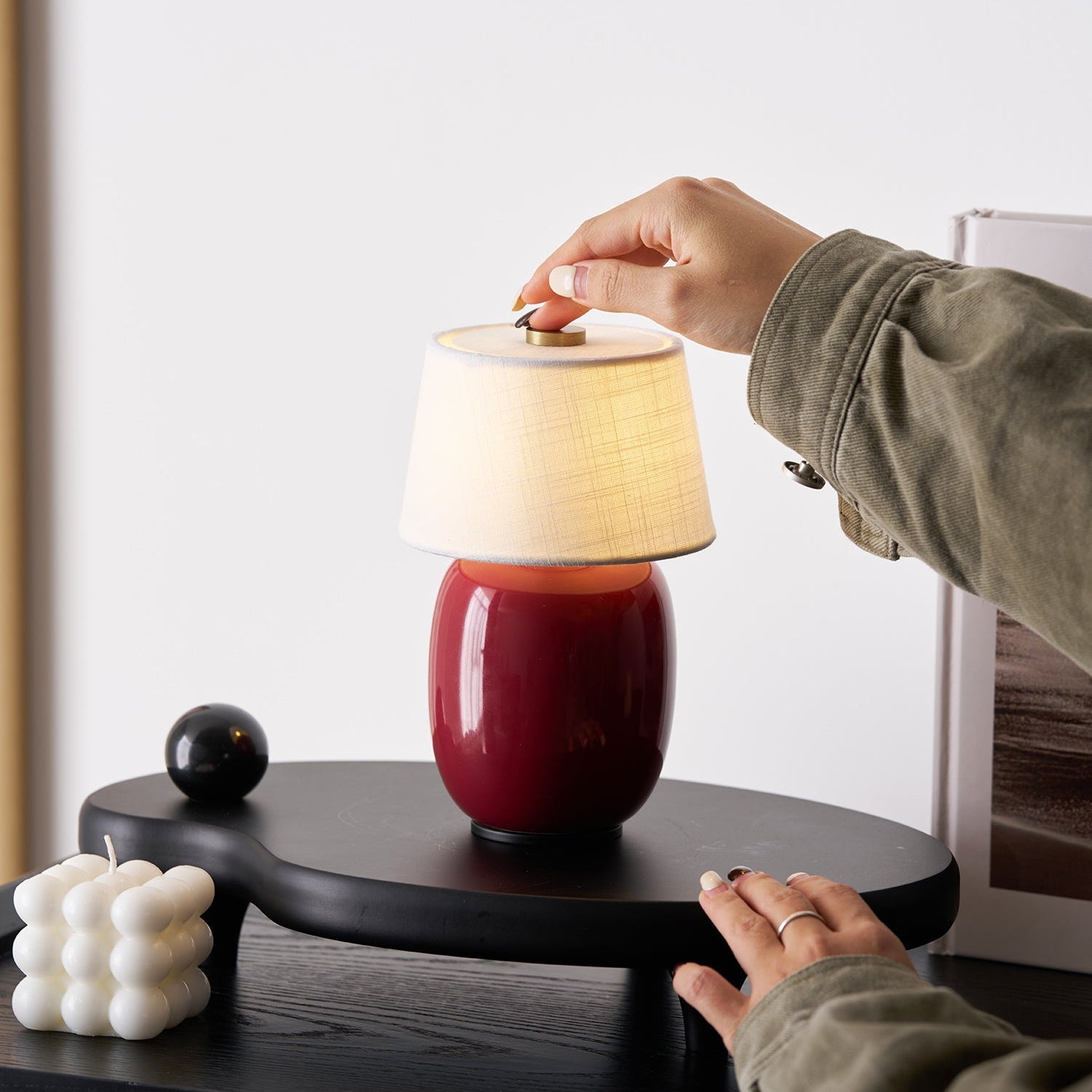 Keramik Tischlampe Stoff Schirm, Dimmbar Touch LED Warmweiß mit USB Anschluss